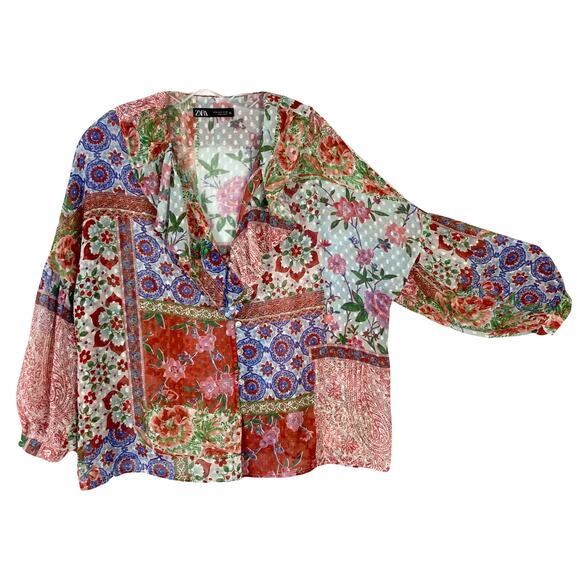 NWOT ZARA Top S Patchwork Jacquard Floral Print Chiffon Ruffle V Balloon-Long-Sl - Picture 2 of 12